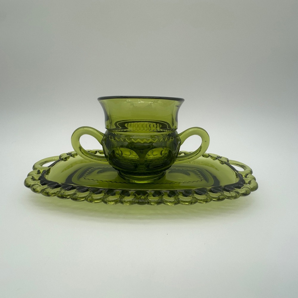 Indiana Glass Kings Crown Thumbprint Olive Green Sugar Bowl and Tray Set Vintage